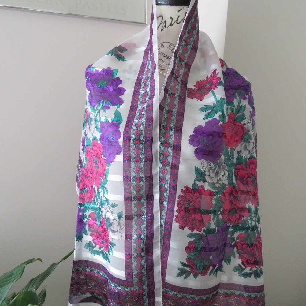 Vintage Floral Long Scarf With Purple, Pink, Green & White